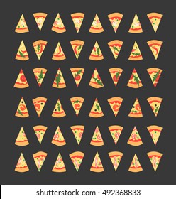 Set of pizza slices with different toppings including shrimps, chili pepper, mushrooms, bacon, cheese, onion, tomatoes, salami. Vector illustration. Cartoon style