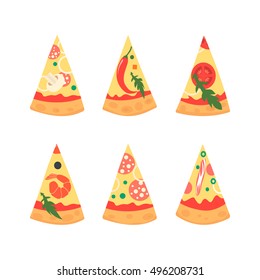 Set of pizza slices with different toppings including shrimps, chili pepper, mushrooms, bacon, cheese, onion, tomatoes, salami. Vector illustration. Cartoon style