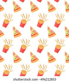 Set of pizza slices with different toppings including shrimps, chili pepper, mushrooms, bacon, cheese, tomatoes, salami. French fries. Vector fast food illustration. Seamless pattern. Cartoon style
