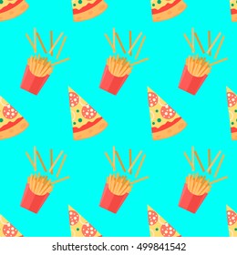 Set of pizza slices with different toppings including shrimps, pepper, mushrooms, bacon, tomatoes, salami. French fries. Vector fast food illustration. Seamless pattern. Cartoon style