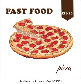 Set of pizza with slices. Hand drawn food. Sketch style vector illustration