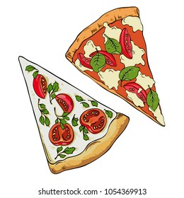 Set of pizza slices ioslated on white background. Doodle ink sketch. Hand drawn vector illustration.