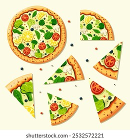 Conjunto de rebanadas de pizza con champiñones, brócoli, espinacas, limón, tomates y hierbas, vista superior. Vector para diseño de embalaje, tela