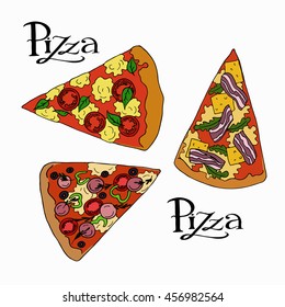 Set of pizza slices on white background with hand lettering. Hand drawn vector illustration.