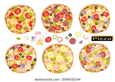 Set of pizza with tomato, cheese, sausage pepperoni, basil, mushroom, pepper, olive, seafood, shrimp, ham, pineapple. Italian food. Cartoon style. Vector illustration.