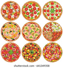 Set of pizzas with different toppings: salami, ham, vegetarian and cheese. Vector icons of traditional italian food on white background for menu, banner, flyer and ad designs. Top view pizza images.