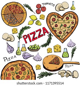 
Set of pizzas and ingredients for cooking
