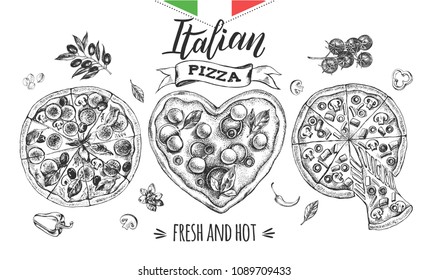 Set of pizzas. Italian cuisine. Ink hand drawn Vector illustration. Top view. Food element for menu design.