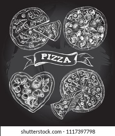 Set of pizzas. Italian cuisine. Ink hand drawn Vector illustration. Top view. Food element for menu design.