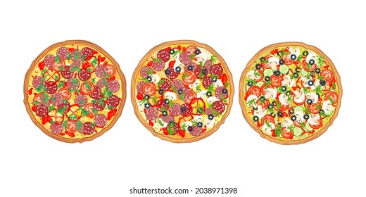 Set of pizzas with salami pieces, tomatoes, bell peppers, olives and basil. Traditional italian fast food. Top view meal isolated on white background. Cartoon flat style. Vector illustration
