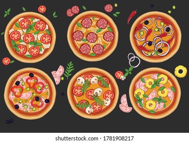 Set von Pizzen mit verschiedenen Füllungen. Illustration