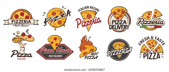 Conjunto de designs de logotipo com tema de pizza com várias fatias de pizza, estilo desenhado à mão, em fundo branco. Conceito de marca para pizzarias. Ilustração vetorial