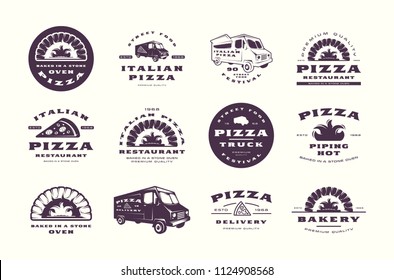 Set of pizzeria and bakery labels, emblems and logos. Pizza truck and stone oven image. Isolated on white background