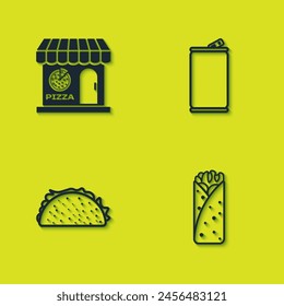 Set Pizzeria building facade, Burrito, Taco with tortilla and Aluminum can icon. Vector