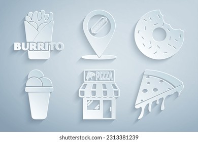 Set Pizzeria building facade, Donut, Ice cream, Slice of pizza, Location with hotdog and Burrito icon. Vector