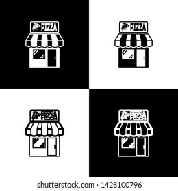 Set Pizzeria building facade icons isolated on black and white background. Fast food pizzeria kiosk. Vector Illustration