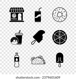 Set Pizzeria building facade, Soda can with drinking straw, Donut, Bottle of water, Taco tortilla, Ice cream, donut and  icon. Vector