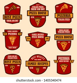 Set of pizzeria emblems. Design element for logo, label, sign, poster., flyer. Vector illustration