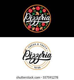 Set of pizzeria hand written lettering logo, label, badge or emblem. Isolated on black background. Vector illustration.