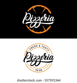 Set of pizzeria hand written lettering logo, label, badge or emblem. Isolated on black background. Vector illustration.