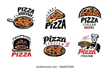 Set of pizzeria labels, badges, and design elements for restaurant or cafe menu