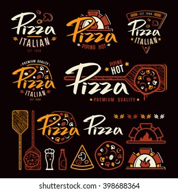 Set of pizzeria labels, badges, and design elements. Color print on black background 