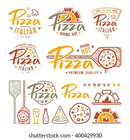 Set of pizzeria labels, badges, and design elements. Color print on white background