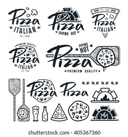 Set of pizzeria labels, badges, and design elements. Black print on white background