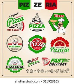 Set Of Pizzeria Logo Template Design. Pizza Labels And Frames, Vector Illustration