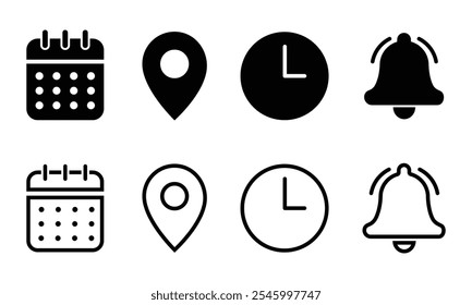 set of Place, Time, Date and Notification line icons. Calendar, address location pointer and alarm bell. Notice alert, business schedule and office time clock. Location place, date reminder. Vector.