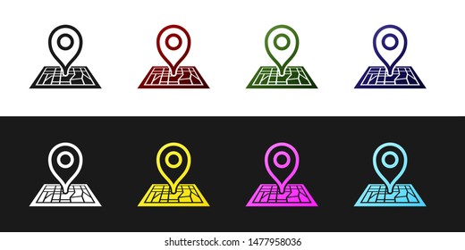 Set Placeholder on map paper in perspective icon isolated on black and white background.  Vector Illustration