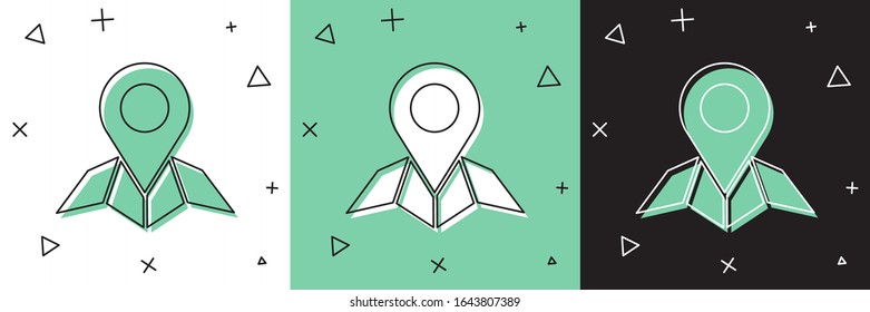 Set Placeholder on map paper in perspective icon isolated on white and green, black background.  Vector Illustration