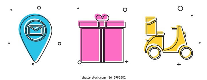 Coloque el marcador de posición en el papel del mapa, la caja de regalo y el icono de entrega del Scooter. Vector