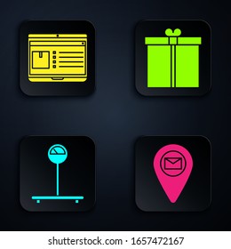 Establecer marcador de posición en papel de mapa, portátil con seguimiento de entrega de aplicaciones , Escala y caja de regalo . Botón cuadrado negro. Vector
