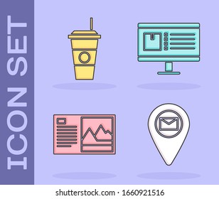 Set Placeholder on map paper, Coffee cup , Postcard  and Computer monitor with app delivery tracking  icon. Vector