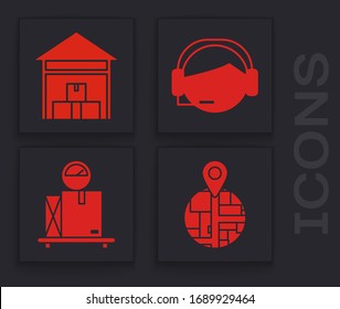 Setzen Sie Platzhalter auf Kartenpapier in Perspektive , Lager , Support-Operator in Kontakt und Skalieren mit Karton-Box-Symbol. Vektorillustration