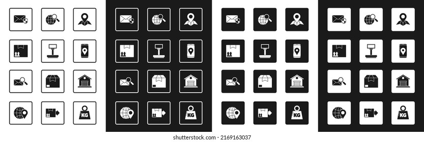 Setzen Sie Platzhalter auf Kartenpapier, Skalierung, Pappbox mit Verkehrssymbol, Umschlag-Schild, Mobile App-Lieferverfolgung, Glasskugel, Lager und Vergrößerungssymbol. Vektorgrafik