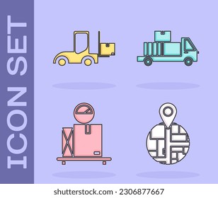 Ponga el marcador de posición en perspectiva en el papel de mapa , Camión de elevación de horquilla , Escala con caja de cartón y Camión de entrega con icono de cajas de cartón. Vector