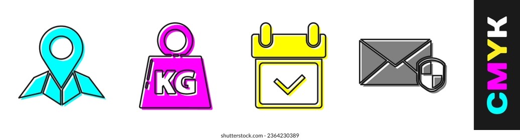 Set Placeholder on map paper, Weight, Calendar with check mark and Envelope with shield icon. Vector