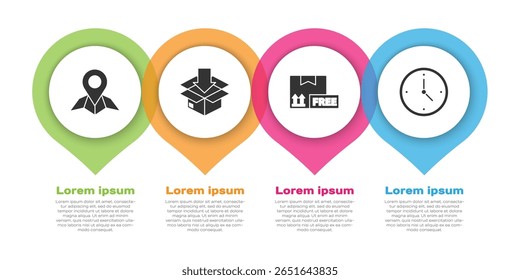 Definir Espaço Reservado no papel do mapa, Caixa de papelão com símbolo de tráfego, Caixa de papelão com símbolo gratuito e Entrega rápida. Modelo de infográfico comercial. Vetor