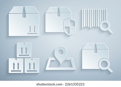 Set Placeholder on map, Search barcode, Cardboard box with traffic, package, Delivery security shield and  icon. Vector