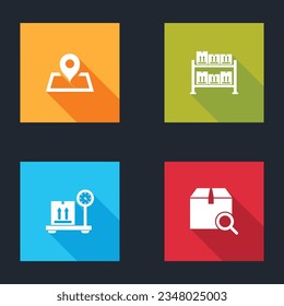 Set Placeholder on map, Warehouse, Scale with cardboard box and Search package icon. Vector
