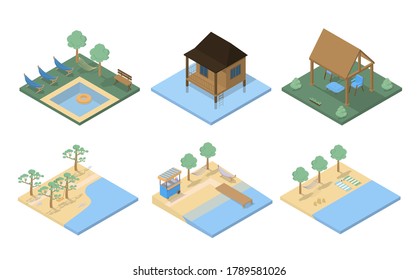 A set of places for recreation - beach, forest, pool. Outdoor weekend. Locations for games. Style is isometric. Vector isolated illustration.