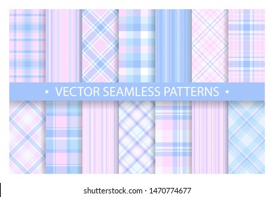 Set plaid pattern seamless. Tartan patterns fabric texture. Checkered geometric vector background. Scottish stripe blanket backdrop. Fashion cloth collection tile flat design textile.