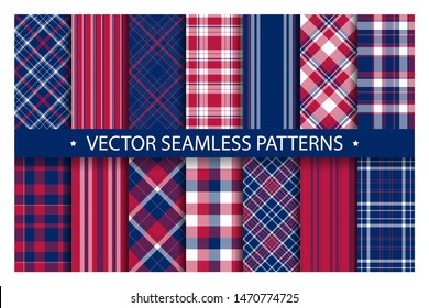 Set plaid pattern seamless. Tartan patterns fabric texture. Checkered geometric vector background. Scottish stripe blanket backdrop. Fashion cloth collection tile flat design textile.