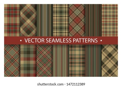 Set plaid pattern seamless. Tartan patterns fabric texture. Checkered geometric vector background. Scottish stripe blanket backdrop. Fashion cloth collection tile flat design textile.