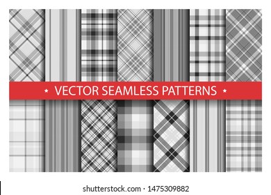Set plaid pattern seamless. Tartan patterns fabric texture. Checkered geometric vector background. Scottish stripe blanket backdrop. Fashion cloth collection tile flat design textile.