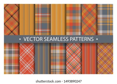 Set plaid pattern seamless. Tartan patterns fabric texture. Checkered geometric vector background. Scottish stripe blanket backdrop. Fashion cloth collection tile flat design textile.
