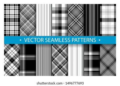 Set plaid pattern seamless. Tartan patterns fabric texture. Checkered geometric vector background. Scottish stripe blanket backdrop. Fashion cloth collection tile flat design textile.
