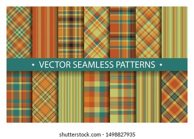Set plaid pattern seamless. Tartan patterns fabric texture. Checkered geometric vector background. Scottish stripe blanket backdrop. Fashion cloth collection tile flat design textile.